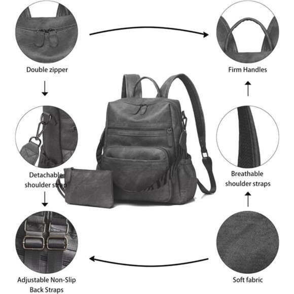 Women Backpack Purse Bag PU Leather Grey - Picture 7 of 7